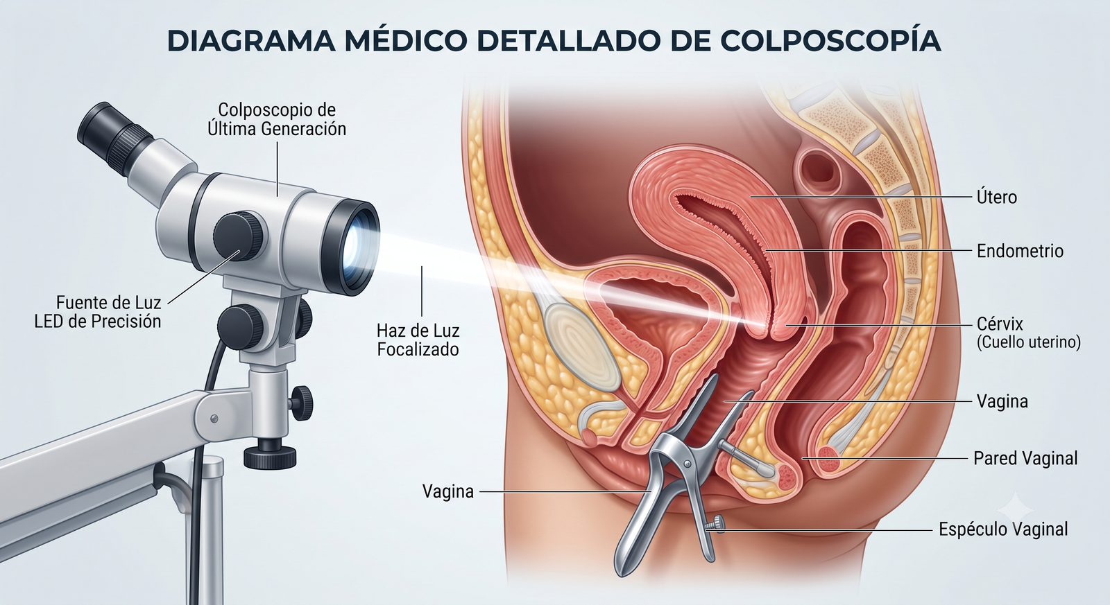 Diagrama informativo de la anatomía y el procedimiento de colposcopía